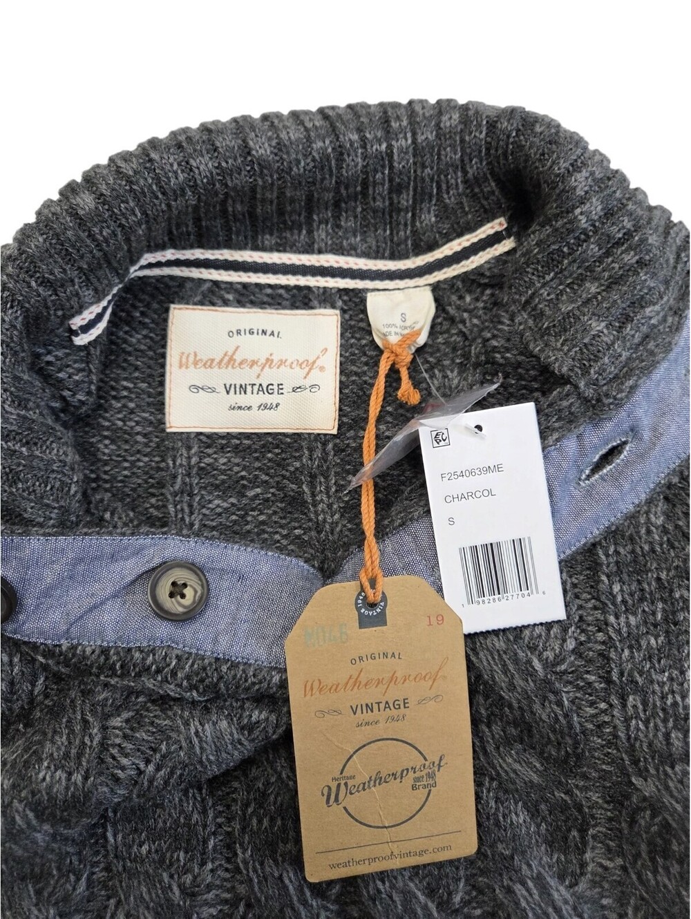 Weatherproof Vintage Charcoal Cable Knit Button Sweater Men’s Small - Picture 4 of 7